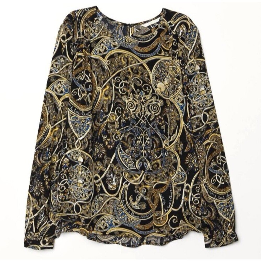 H&M Baroque Goth Floral Paisley Anchor Top 6 Black Gold Long Sleeve Crepe Blouse